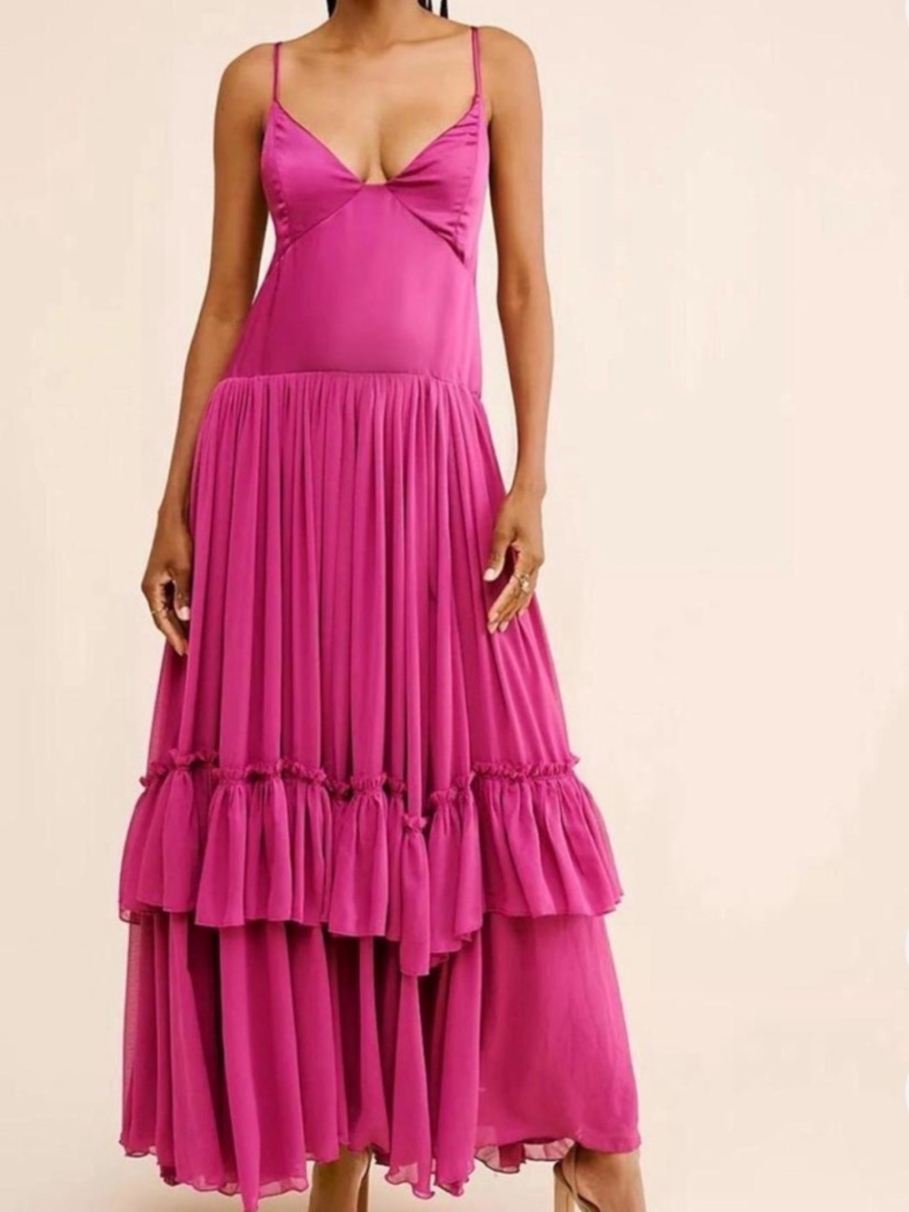 Free People Magenta/Pink Formal Ruffle Drop Waist Open Back Dress NWOT